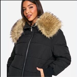 1 Madison Black Puffer Down Jacket with Raccoon Fur Collar